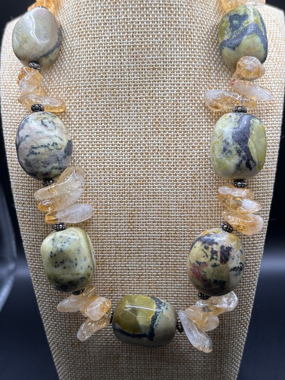 925 Sterling Silver Clasp Serpentine Citrine Gemstone Statement Necklace
